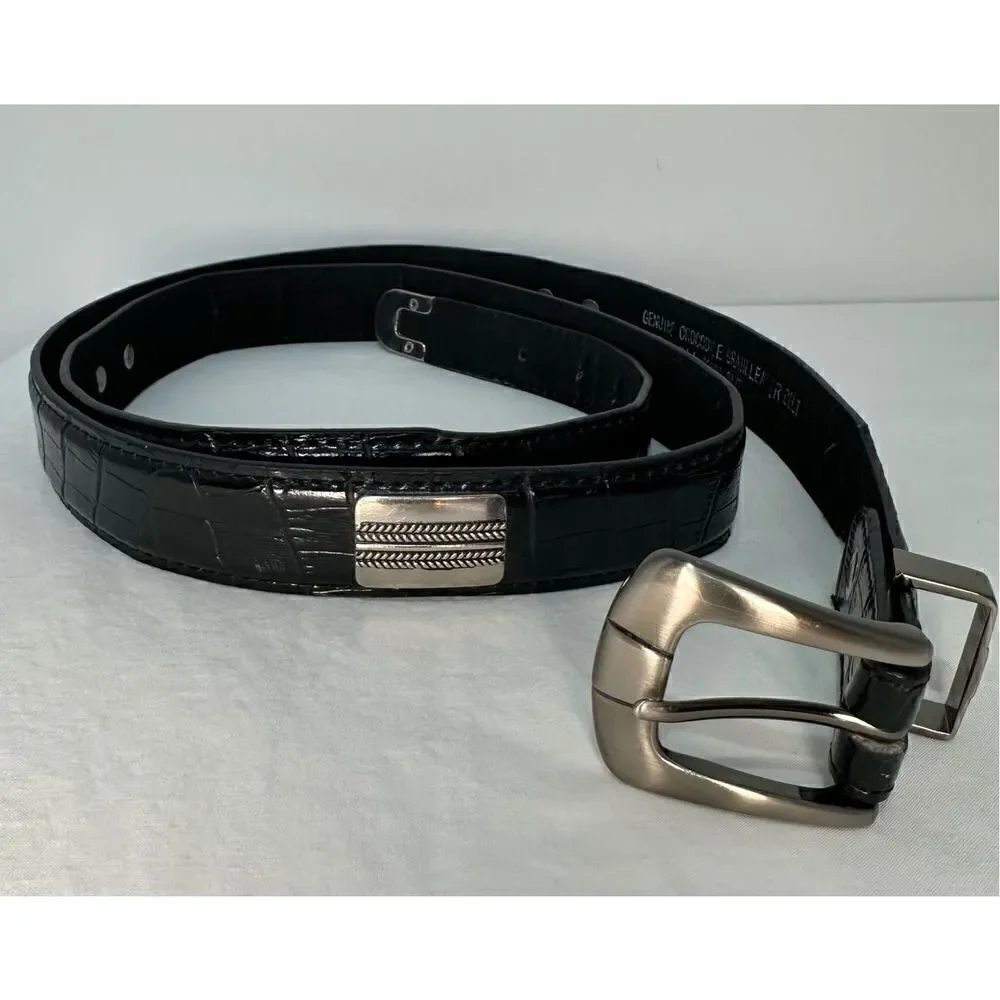 Crocodile black belt with silver accents men’s size 56”.  #M-1070